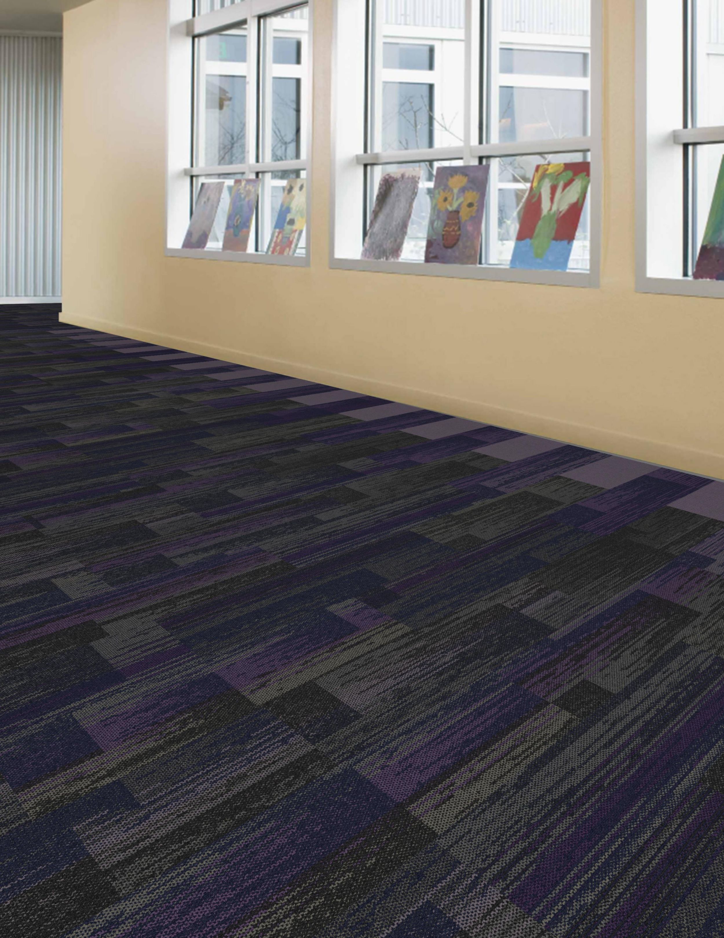 Interface Aerial Flying Colors AE317 and AE311 with On Line plank carpet tile in school corridor imagen número 3